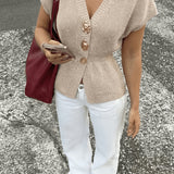 Women's Short-Sleeve V-Neck Cardigan - Fitted Waist Button Front