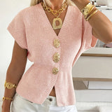 Women's Short-Sleeve V-Neck Cardigan - Fitted Waist Button Front