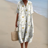 Women's Multicolour V-Neck Midi Dress – Cotton Linen Summer Dress