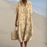 Women's Multicolour V-Neck Midi Dress – Cotton Linen Summer Dress