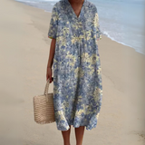 Women's Multicolour V-Neck Midi Dress – Cotton Linen Summer Dress