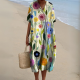 Women's Multicolour V-Neck Midi Dress – Cotton Linen Summer Dress