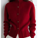 Women's High-Neck Button Cardigan - Ribbed Cuff Knit Layer