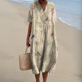 Women's Multicolour V-Neck Midi Dress – Cotton Linen Summer Dress
