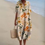 Women's Multicolour V-Neck Midi Dress – Cotton Linen Summer Dress