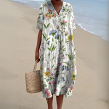 Women's Multicolour V-Neck Midi Dress – Cotton Linen Summer Dress