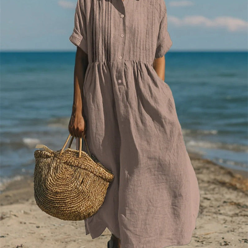 Women's Cotton Midi Shirt Dress – Collared Button Front Dress