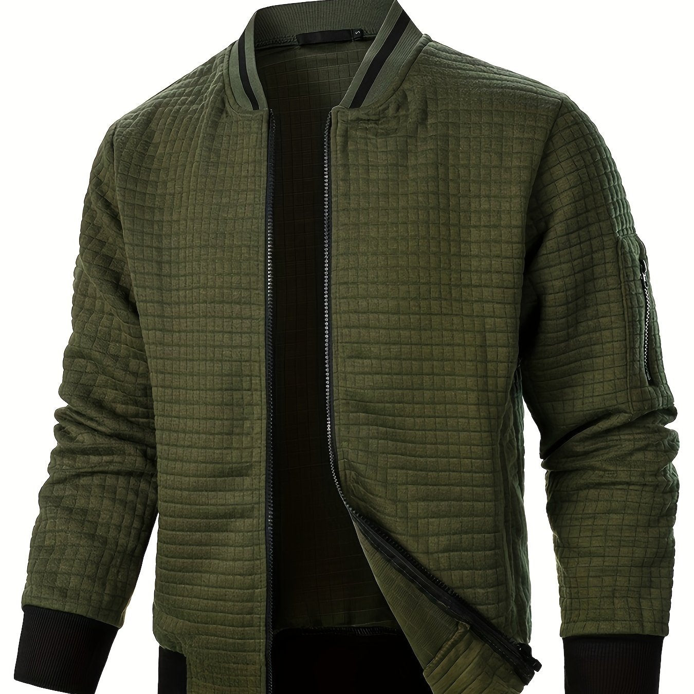 Men's Textured Zip-Up Bomber Jacket - Stand-Collar Ribbed Trim