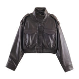 Women's Cropped Faux Leather Bomber Jacket – Edgy Casual Style