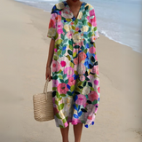 Women's Multicolour V-Neck Midi Dress – Cotton Linen Summer Dress