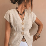 Women's Short-Sleeve V-Neck Cardigan - Fitted Waist Button Front