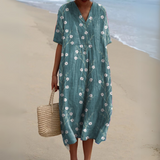 Women's Multicolour V-Neck Midi Dress – Cotton Linen Summer Dress