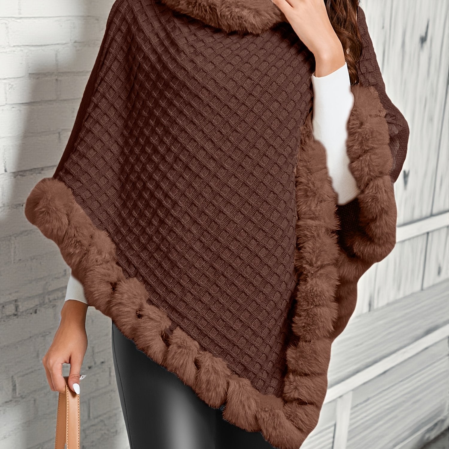 Women's Faux Fur Trim Poncho – Warm Winter Cape Wrap Cover Up