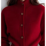 Women's High-Neck Button Cardigan - Ribbed Cuff Knit Layer