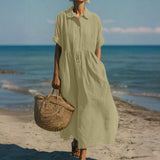 Women's Cotton Midi Shirt Dress – Collared Button Front Dress