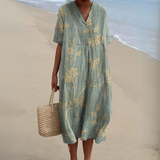 Women's Multicolour V-Neck Midi Dress – Cotton Linen Summer Dress