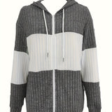 Women's Hooded Zip-Up Knit Jacket - Two-Tone Textured Layer