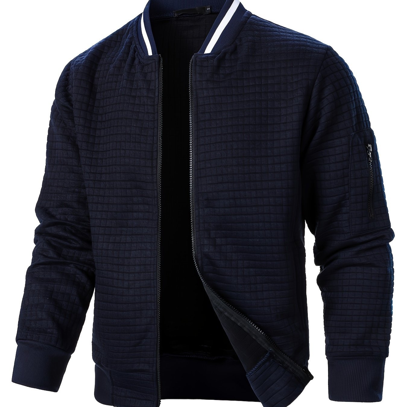 Men's Textured Zip-Up Bomber Jacket - Stand-Collar Ribbed Trim
