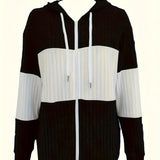Women's Hooded Zip-Up Knit Jacket - Two-Tone Textured Layer