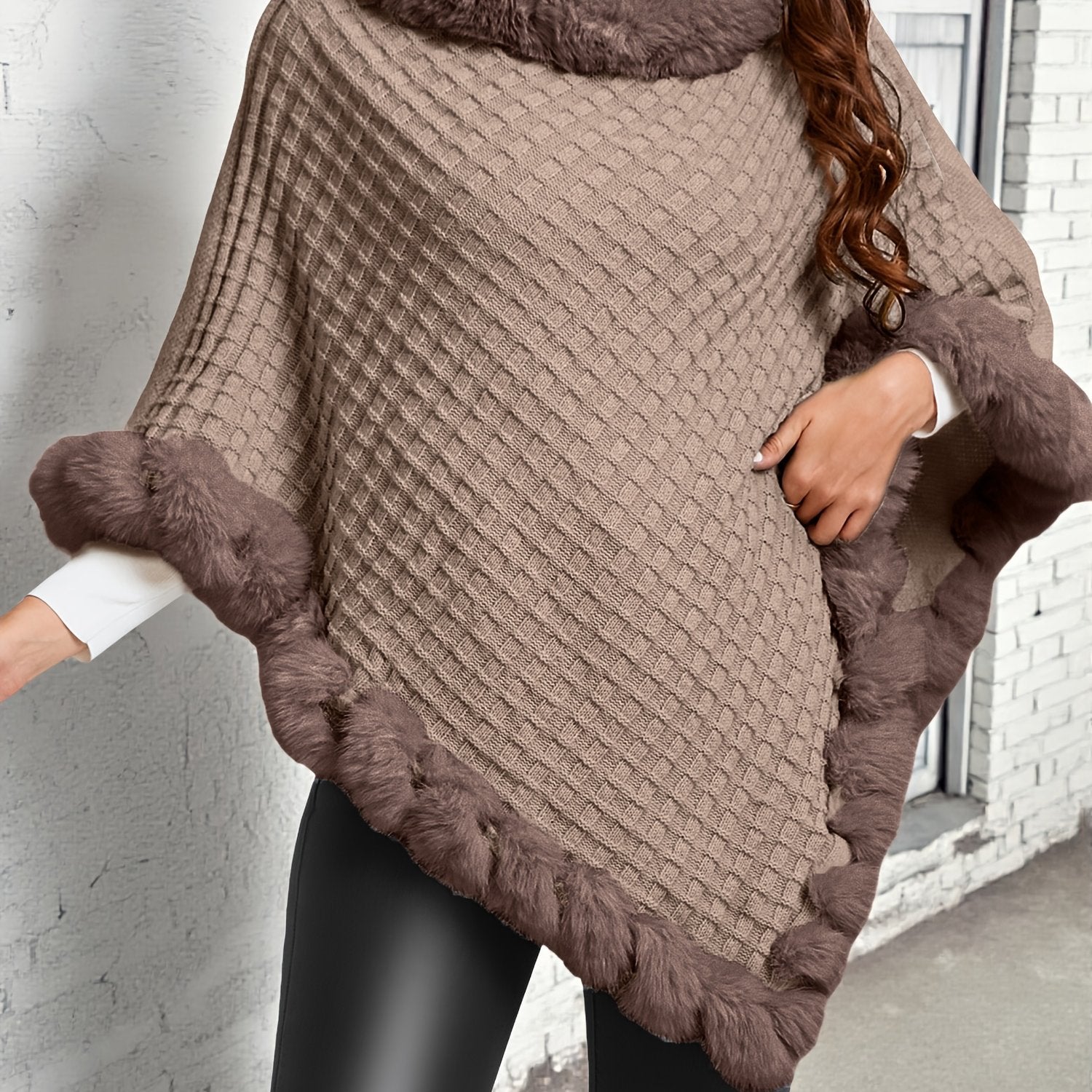 Women's Faux Fur Trim Poncho – Warm Winter Cape Wrap Cover Up