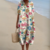 Women's Multicolour V-Neck Midi Dress – Cotton Linen Summer Dress