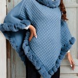 Women's Faux Fur Trim Poncho – Warm Winter Cape Wrap Cover Up