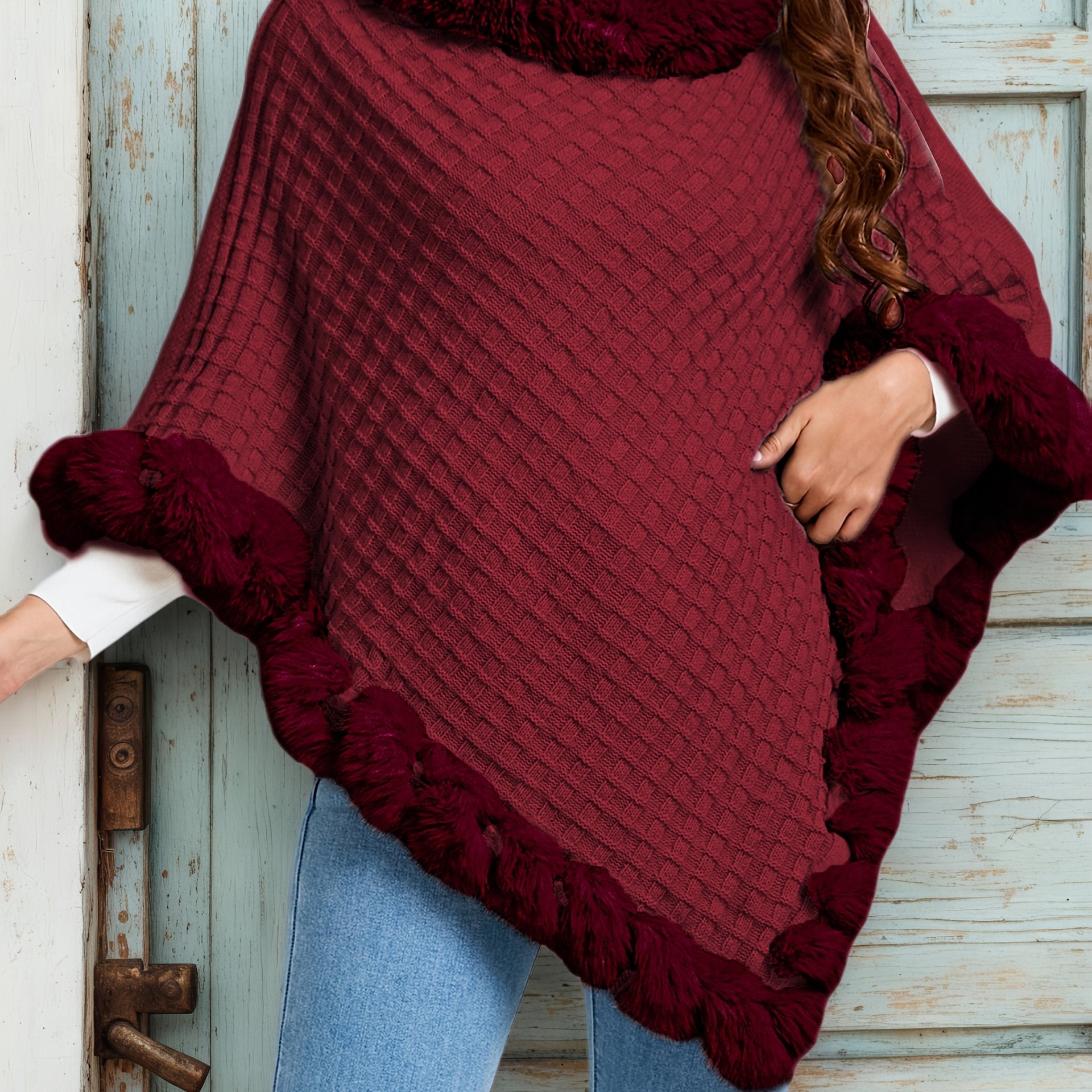 Women's Faux Fur Trim Poncho – Warm Winter Cape Wrap Cover Up
