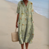 Women's Multicolour V-Neck Midi Dress – Cotton Linen Summer Dress