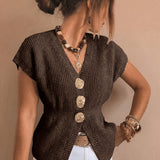 Women's Short-Sleeve V-Neck Cardigan - Fitted Waist Button Front