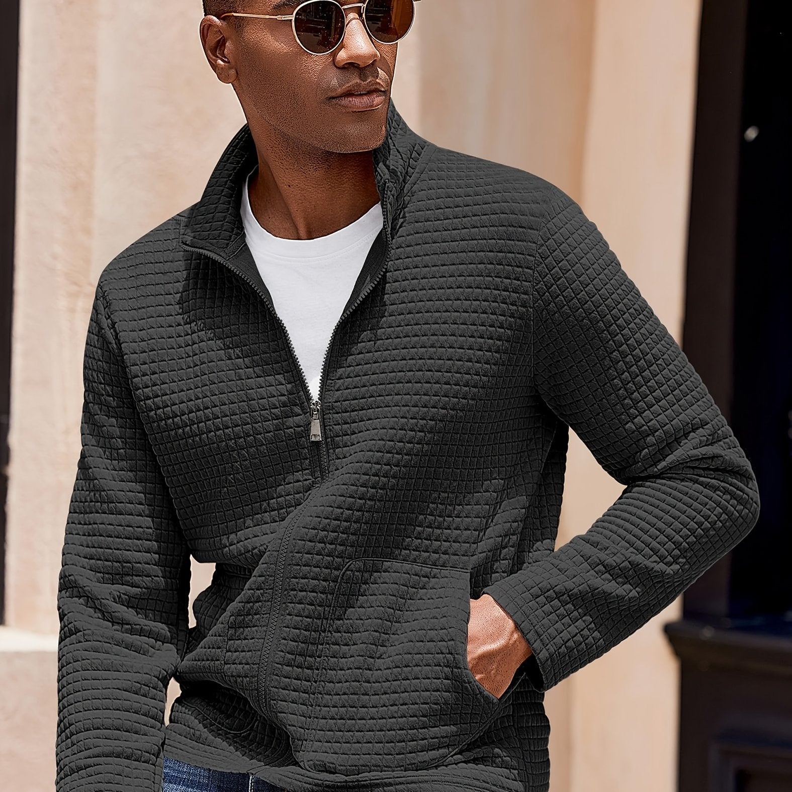Men's Textured Zip Jacket – Stand Collar Smart Casual Outerwear