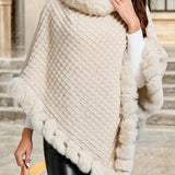 Women's Faux Fur Trim Poncho – Warm Winter Cape Wrap Cover Up