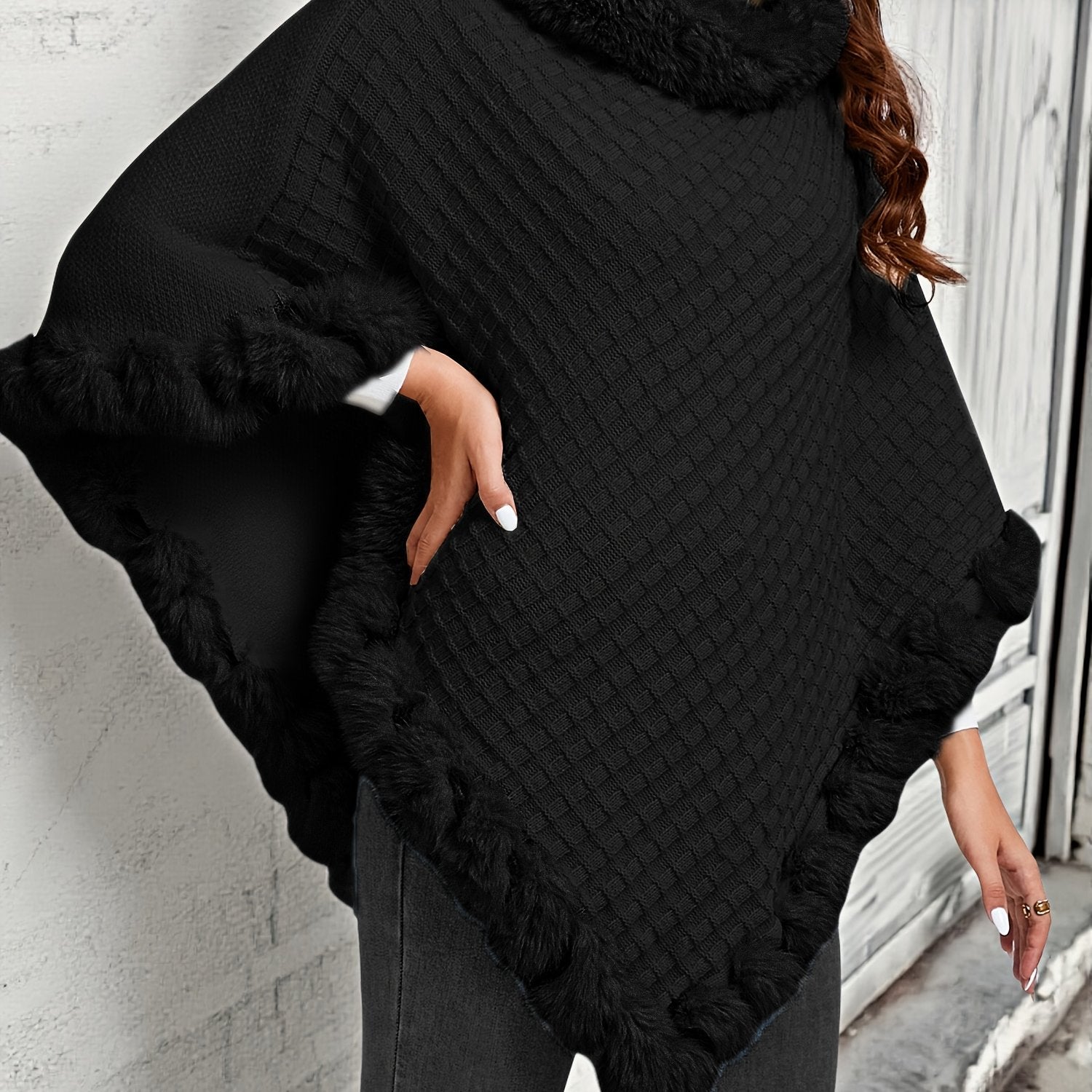 Women's Faux Fur Trim Poncho – Warm Winter Cape Wrap Cover Up