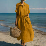 Women's Cotton Midi Shirt Dress – Collared Button Front Dress