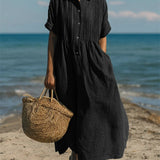 Women's Cotton Midi Shirt Dress – Collared Button Front Dress