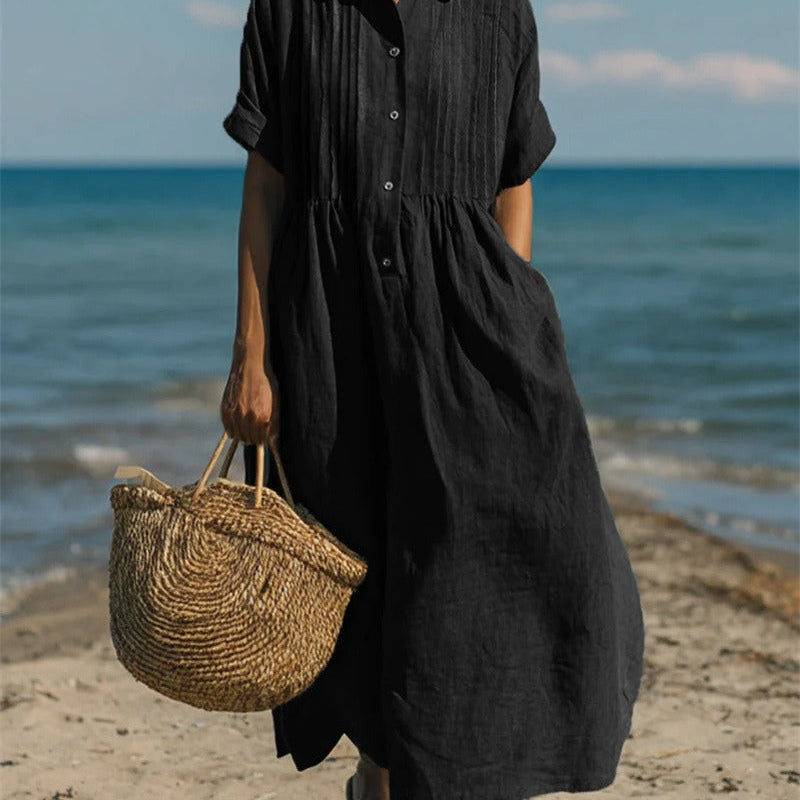 Women's Cotton Midi Shirt Dress – Collared Button Front Dress