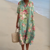 Women's Multicolour V-Neck Midi Dress – Cotton Linen Summer Dress