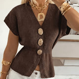 Women's Short-Sleeve V-Neck Cardigan - Fitted Waist Button Front