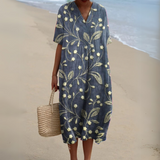 Women's Multicolour V-Neck Midi Dress – Cotton Linen Summer Dress
