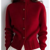 Women's High-Neck Button Cardigan - Ribbed Cuff Knit Layer