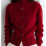 Women's High-Neck Button Cardigan - Ribbed Cuff Knit Layer