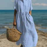 Women's Cotton Midi Shirt Dress – Collared Button Front Dress