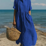 Women's Cotton Midi Shirt Dress – Collared Button Front Dress