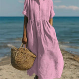 Women's Cotton Midi Shirt Dress – Collared Button Front Dress