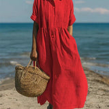 Women's Cotton Midi Shirt Dress – Collared Button Front Dress