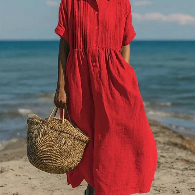 Women's Cotton Midi Shirt Dress – Collared Button Front Dress