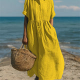 Women's Cotton Midi Shirt Dress – Collared Button Front Dress
