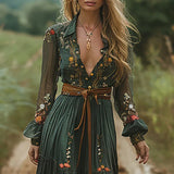Bohemian Maxi Dress | Elegant Floral Pleated Design with Sophisticated Style