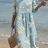 Women's Floral Midi Dress – Linen Cotton Round Neck Summer Dress