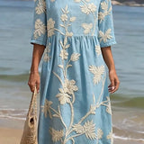 Women's Floral Midi Dress – Linen Cotton Round Neck Summer Dress