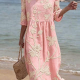 Women's Floral Midi Dress – Linen Cotton Round Neck Summer Dress